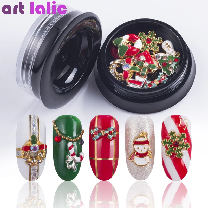 

10 Designs/Box Christmas Xmas Jewelry Mix Tree Snowman Nail Art Decorations Alloy Metal DIY 3D Nail Rhinestones Tools