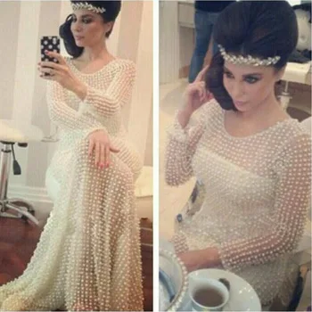 

Fashion Long Sleeves Mermaid Pearls Beading Evening Dress Floor Length Prom Gown for Wedding Party Custom Made