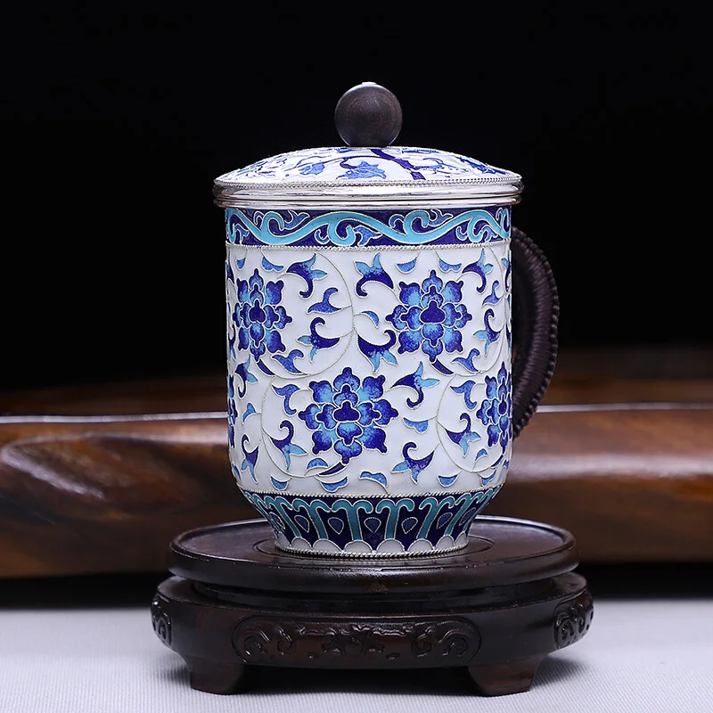 

Cloisonne Blue And White Rhyme Foot Silver Tea Cup Pure Handmade Silver Fetus Pinch filament Enamel Color Mug Kung fu Tea set