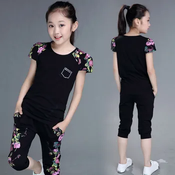 Children Clothing Sets Summer Girls Sports Suit Cotton Print Short Sleeve T-shirt+Pants 2Pcs Girls Clothes 4 6 8 10 12 13 Years 4