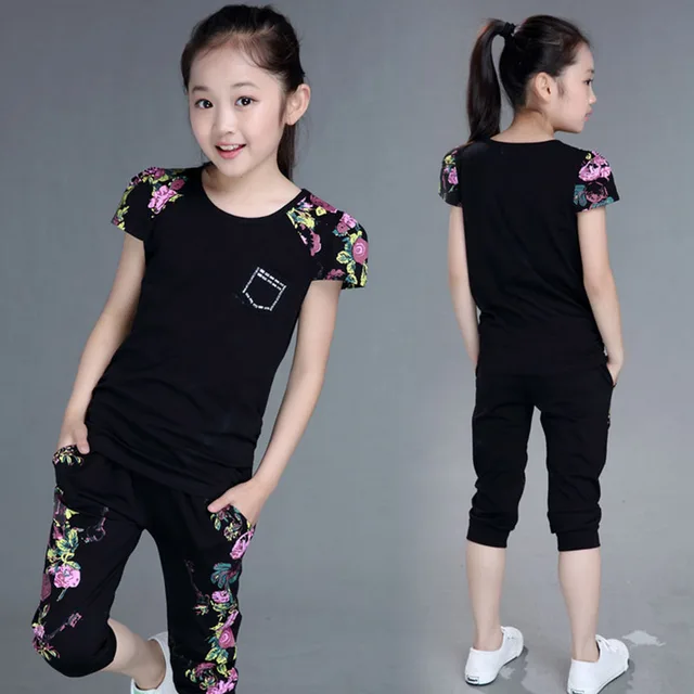 Children Clothing Sets Summer Girls Sports Suit Cotton Print Short Sleeve T-shirt+Pants 2Pcs Girls Clothes 4 6 8 10 12 13 Years 4
