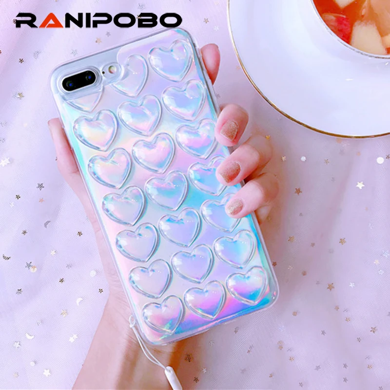 

Ranipobo Phone Case For iPhone 6 6S 7 7 Plus Laser LOVE Heart Transparent Soft TPU Phone Back Cover Cases For i6 6s With Lanyard