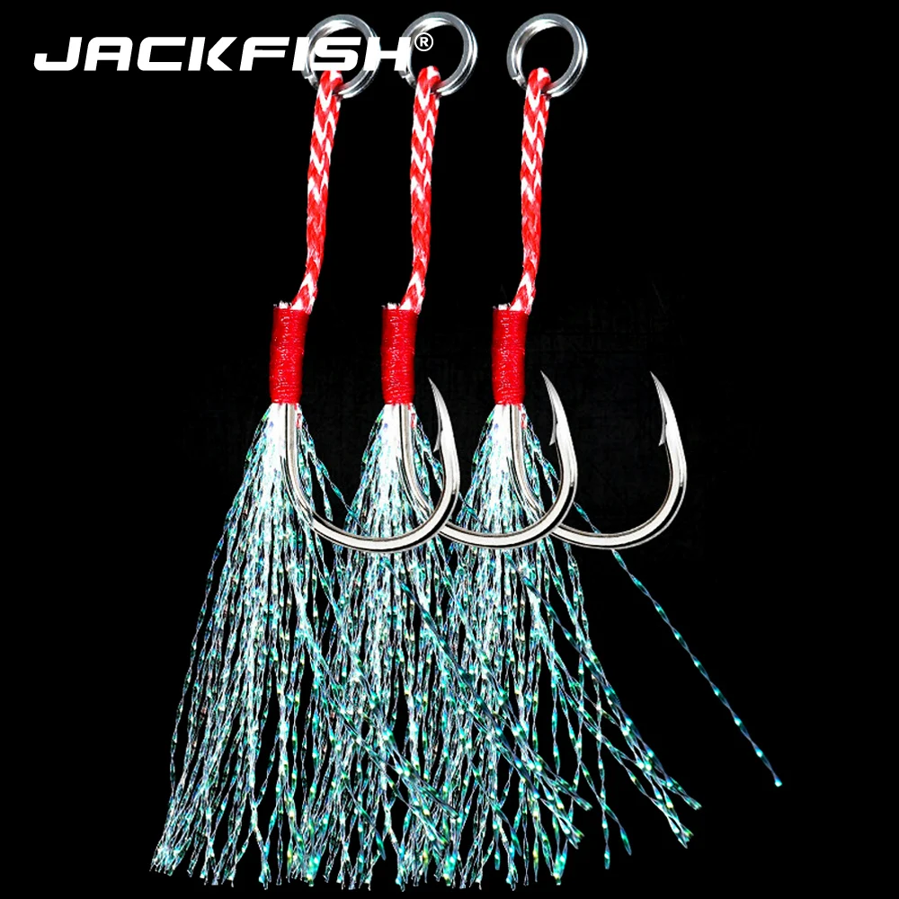 JACKFISH 10pcs/lot High Carbon Steel Fishing Hooks with Line feather roped Fishhook Barbed Hooks Fishing Tackle 20KG/44Ib