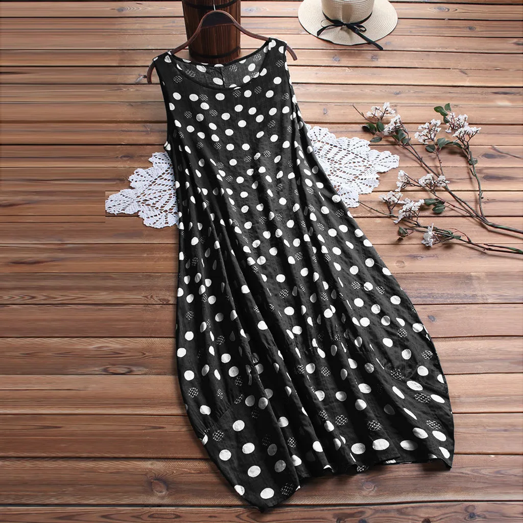 

Lady's Vintage Spring Summer Women Summer Polka Dot Print Sleeveless Loose Maxi Dress Round Neck Dress