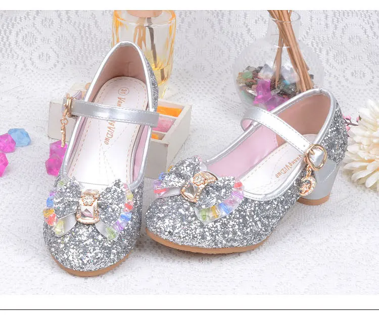 Модная детская обувь; девичьи на высоком каблуке; вечерние туфли принцессы с блестками для танцев; обувь Снежной Королевы для детей; цвет розовый, синий; кожаная обувь