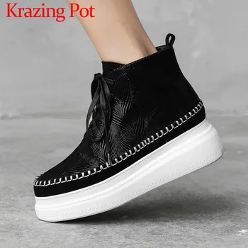 

2018 winter new arrival retro warmful beauty grain med thick bottom round toe platform lace up natural leather ankle boots L7fx
