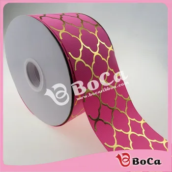 

New design 3" 75mm BOCA gold quatrefoil foil printed grosgrain ribbon , DIY handmade material 100Yards