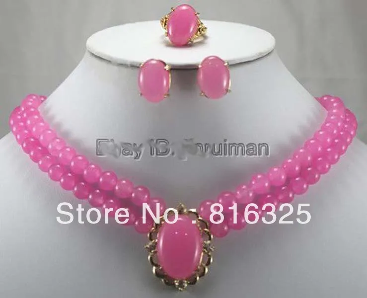 FREE SHIPPING&gt&gt@&gt SHIPPINGFashion charm charming 2 row pink jade earrings + ring Necklace Set Natural jewelry | Украшения и