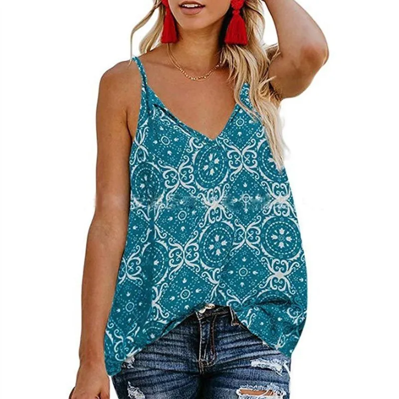 LISALA лето печати V декольте Cami Топ Женская одежда Boho Camisole Спагетти ремень сексуальные топы