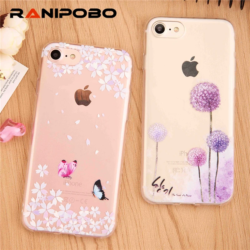 

Soft TPU Silicon Case For iphone 7 7 Plus 6 6S Plus 5 5S SE Cover Cute Dandelion feather Butterfly Flower Pattern Funda Capa