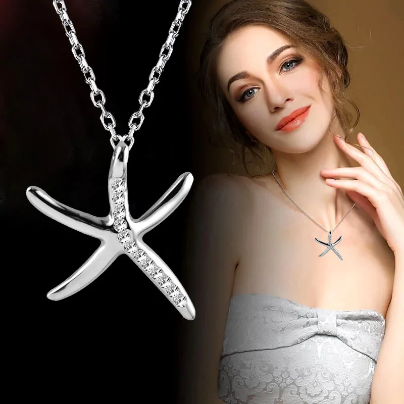 

SINLEERY Charm Rhinestone Starfish Pendant Necklace Silver Color Link Chain Women Fashion Jewelry Xl278 SSB