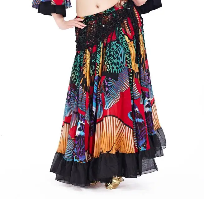 Цыганский большой комплект с юбкой, восточное платье с длинными рукавами и цветочным принтом, женский красный, черный, розовый топ для танца живота, юбки - Цвет: red dress 90cm