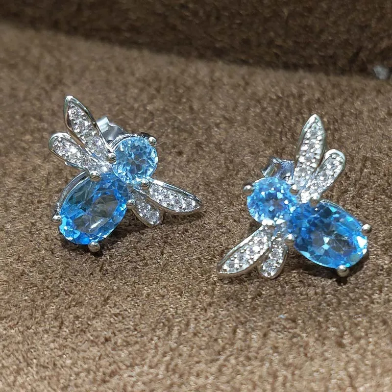 

FLZB , Bee earring perfect quality natural blue topaz earring in 925 sterling silver with 18k white stud cute earring for girl