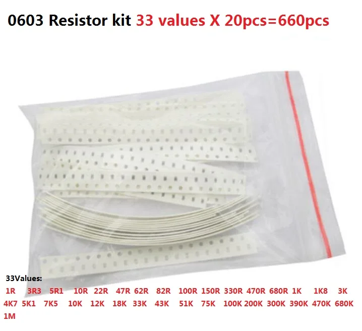 0805 0603 1206 SMD Resistor Kit Assorted Kit 1ohm-1M Ohm 1% 33valuesX 20pcs=660pcs Sample