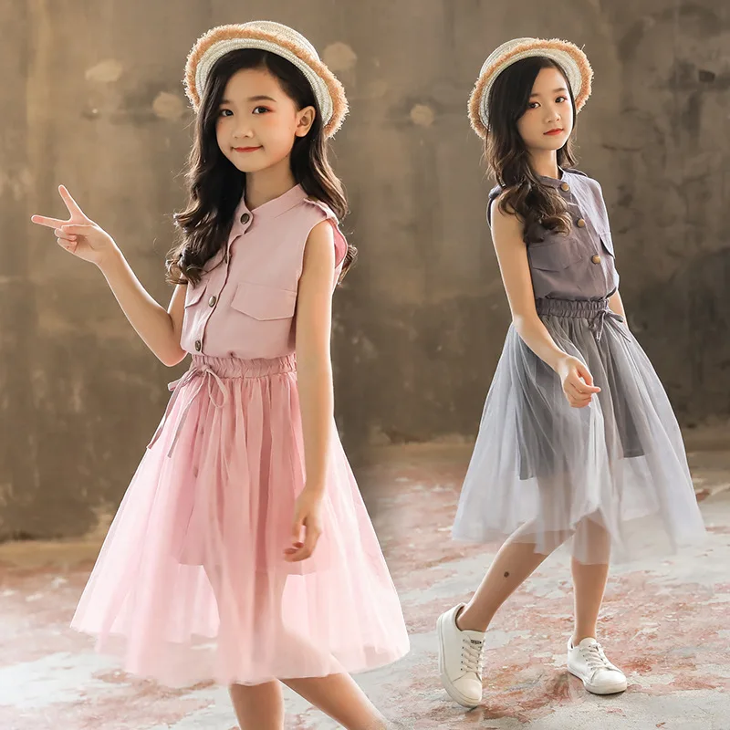

2019 Teenager Girls Summer Clothes Set Cotton Suit Sleeveless New Blouses Shirts + Tutu Tulle Skirts Outfits Kids Costume 10 12