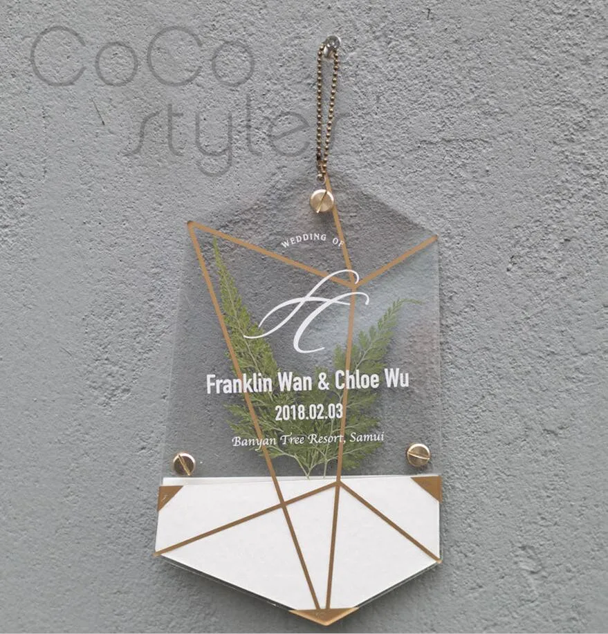  Double irregular geometric modeling Acrylic wedding invitation card with Preserved Fresh Flower for - 32856986469