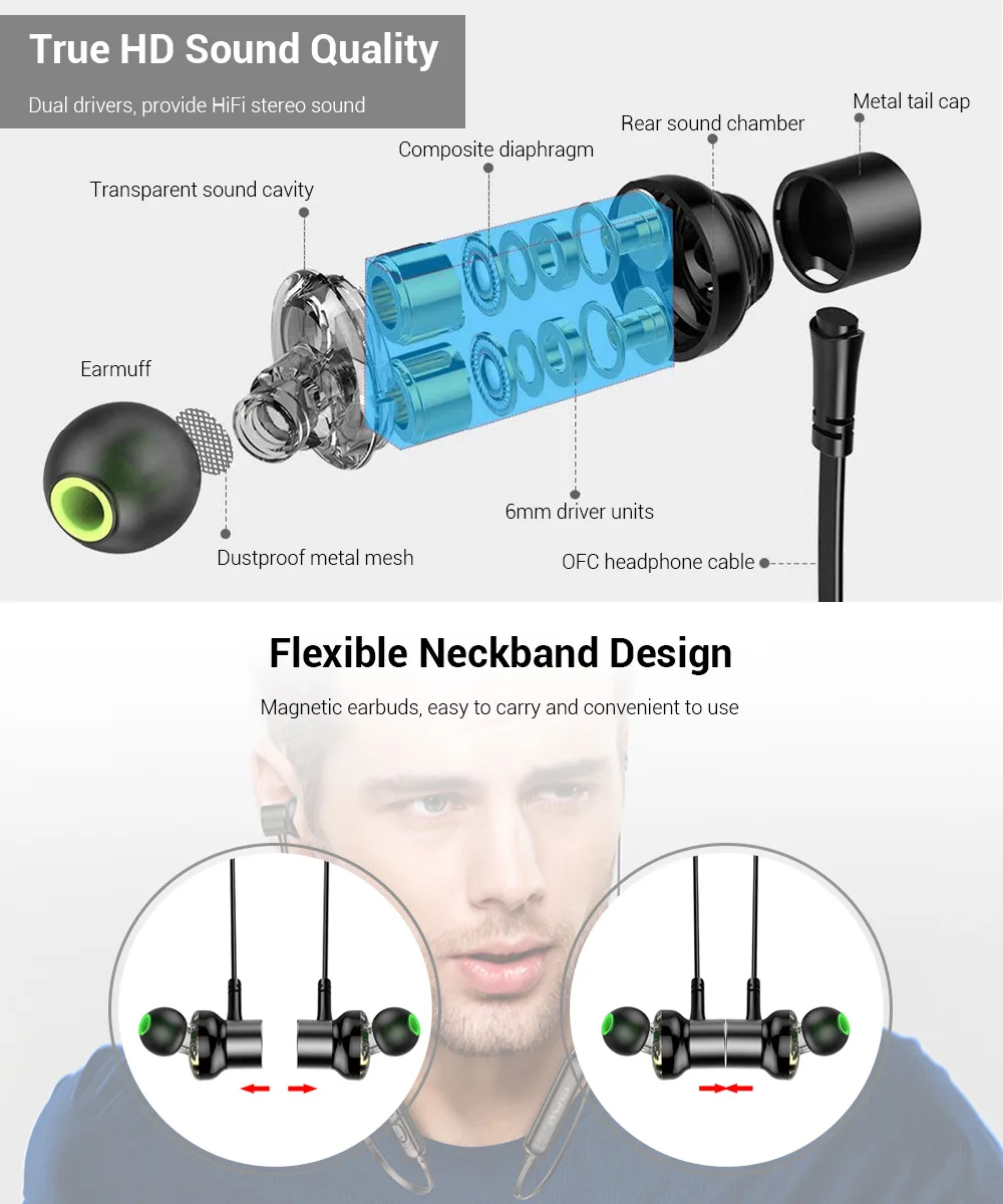 Awei G20BL Dual Drivers Wireless Bluetooth Headphones Neckband Sport Earbuds
