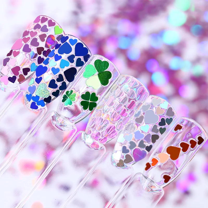 12 cajas/juego de brillo holográfico de uñas mezcla estrella redondo corazón copos espejo Irregular Paillette DIY lentejuelas decoración de uñas