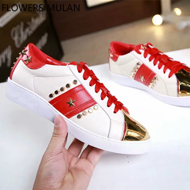 

New Arrival Brand Mixed Color Patchwork Sneakers Women Round Toe Metallic Studded Star Trainer Shoes Lace Up Flat Rubber Heel