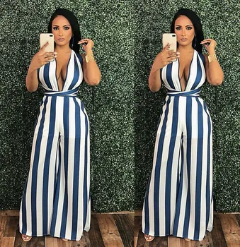 

Spaghetti Strap Sleeveless Plus Size Jumpsuits Women Sexy Stripe Deep V-Neck Long Romper Summer Loose Overalls