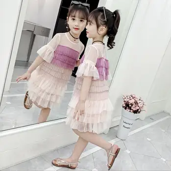 

2019 Korean style girls ruffles dress fashion tulle summer girls princess dresses 4-9t B789