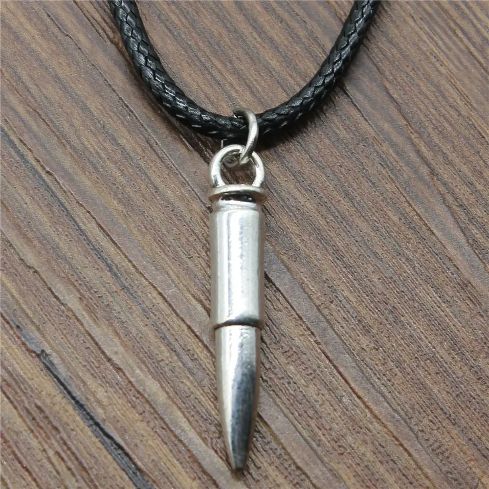 WYSIWYG 3D Bullet Pendant Necklace For Men, Vintage 33x6x6mm 3D Bullet Leather Chain Necklace