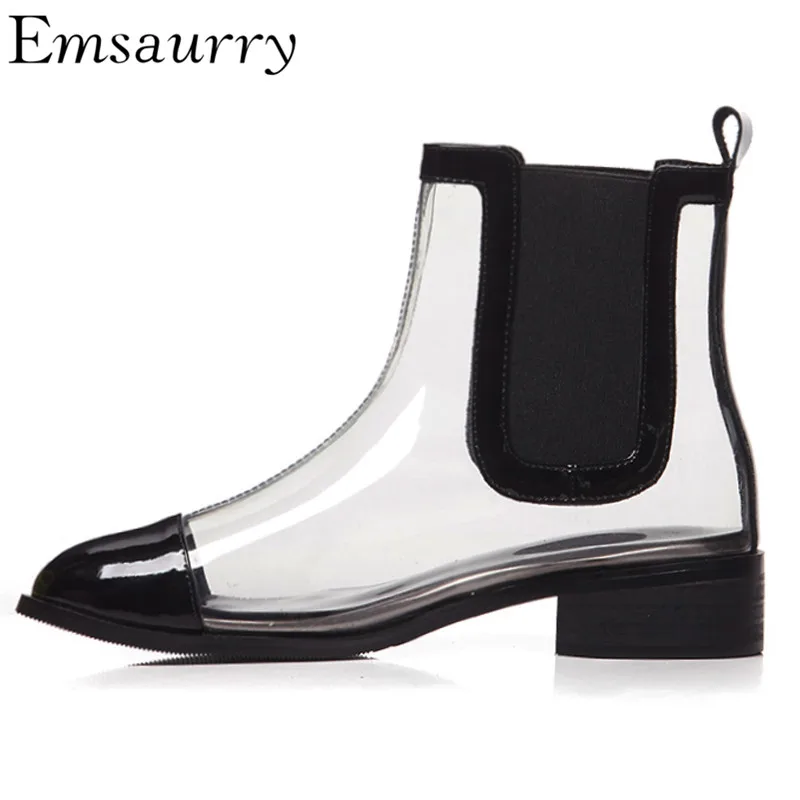 Concise Elastic Band Ankle Boots Slim Black White PVC Transparent Catwalk Martin Boots Rain Botas Mujer