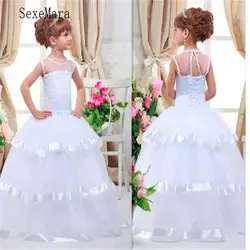Великолепное новое длинное белое платье с цветочным узором для девочек на свадьбу, изготовление на заказ, Платья De Fiesta, многослойное