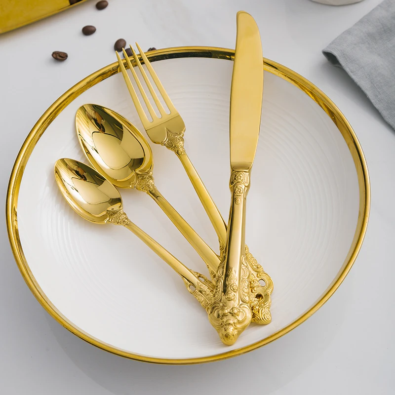 

16pcs Retro Vintage Western Gold Plated Cutlery Stainless Steel Dinner Knife Fork Set Luxury Engraving Tableware Silverware Bar