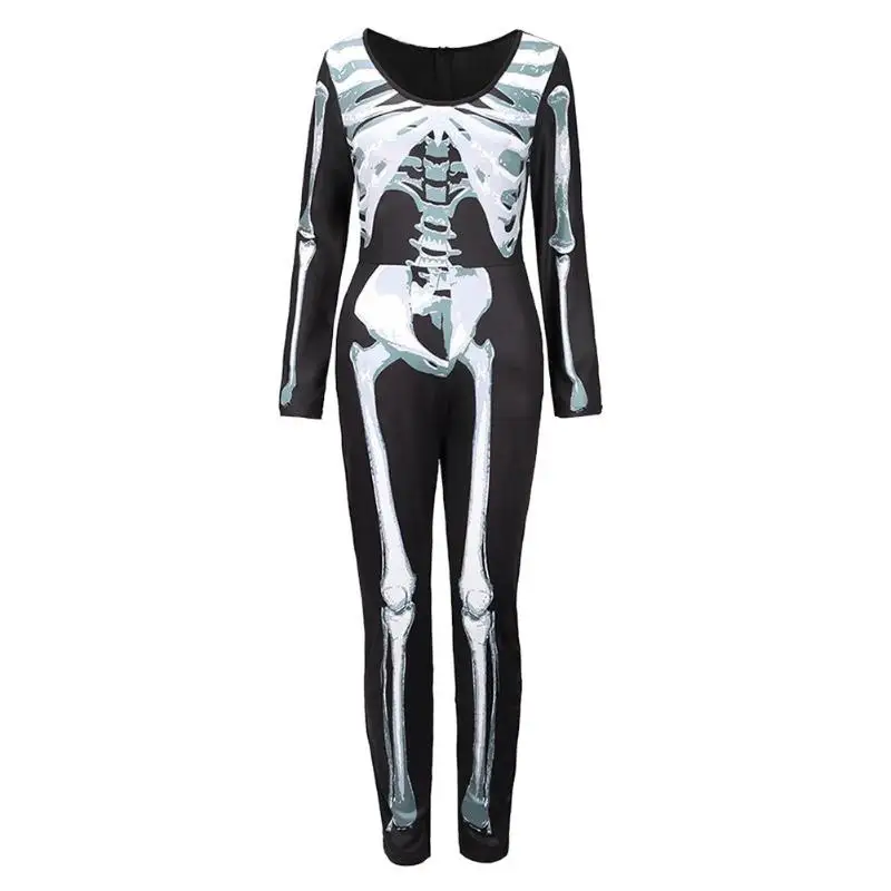 Хэллоуин Одежда для представлений скелет печати с длинным рукавом o-образным вырезом, Slim Fit Для женщин комбинезон