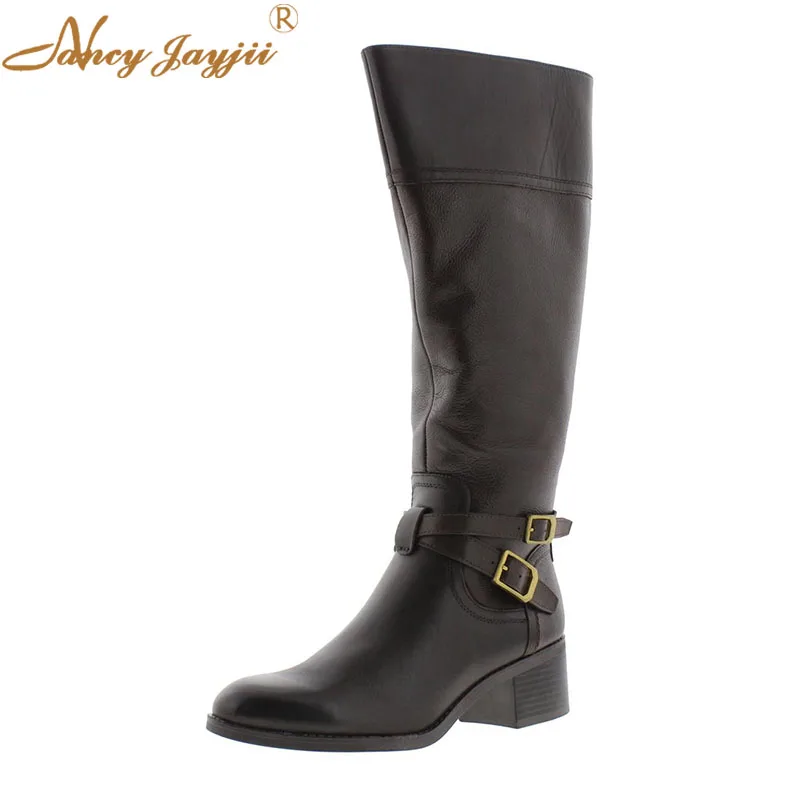 

Winter Woman Shoes Adult Boots knee-High Black Slip-On Buckle Med Square Heels Mature Leisure Nancyjayjii 2019 3cm~5cm Classic