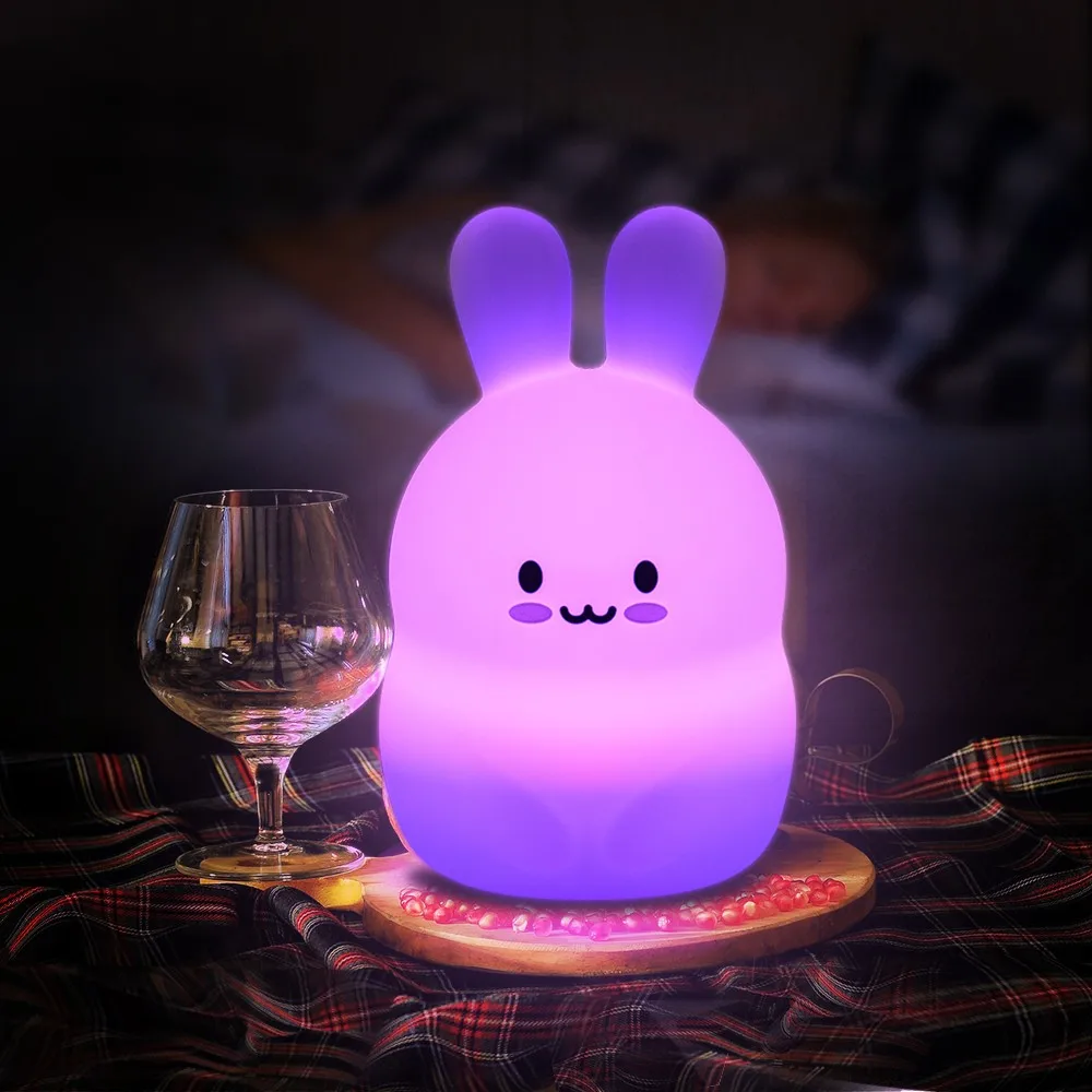 Cute Cartoon Rabbit LED Night Light Rechargeable Touch Sensor Remote Control Colorful Silicone Bedroom Table Lamp for Kids Baby (15)