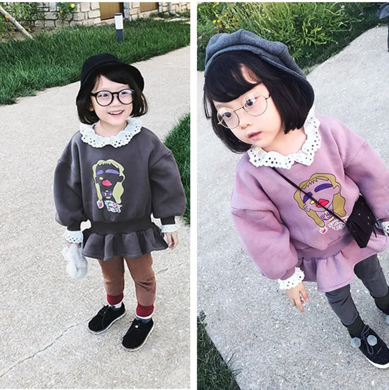 

Autumn winter fashion cartoon printing baby girls fleece hoodies cute kids lace collar long sleeve nipped waists sweatshirts
