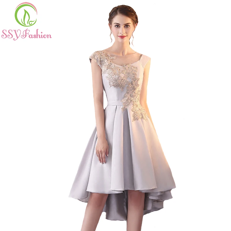 

Clearance Short Evening Dress The Bride Banquet Elegant Grey Satin Lace Appliques High/low Formal Party Gown Robe De Soiree