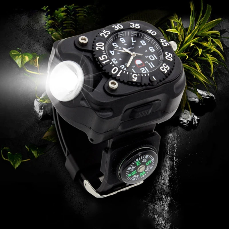 

Survival Watch Outdoor Camping Safety Watch Multi-function Flashlight Compass Whistle Rescue Rope Outdoor Tools Watch