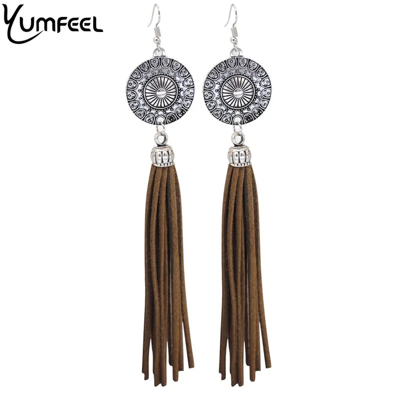 

Yumfeel Camel Dark Brown Color Tassel Long Earrings Leather Vintage Bohemian Boho Drop Dangle Earrings Female Gift