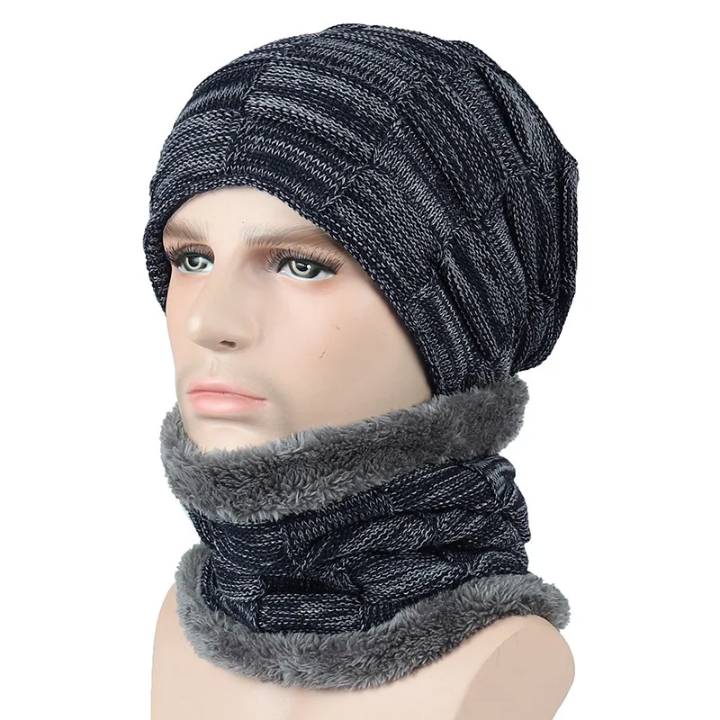Xлюди зимние шапочки шарф Набор теплые вязаные шапки череп шапка Шея теплая Толстая флисовая подкладка зимняя шапка и шарф для мужчин и