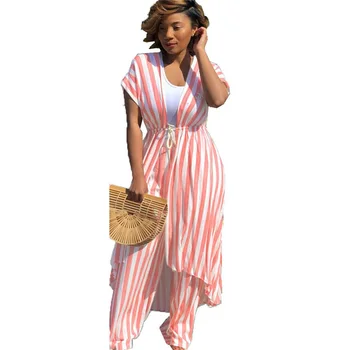 

Striped Chiffon Two Piece Set Women Short Sleeve X-Long Drawstring Trench Coat+Wide Leg Pants Ladies Loose Casual Trousers Suits