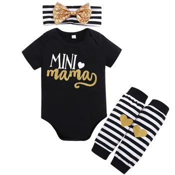 

4PCS Set bear Baby Clothes Infant Short Sleeve Letter pattern Bodysuit Romper+Headband+Gold Heart Striped Leg Warmer Outfit