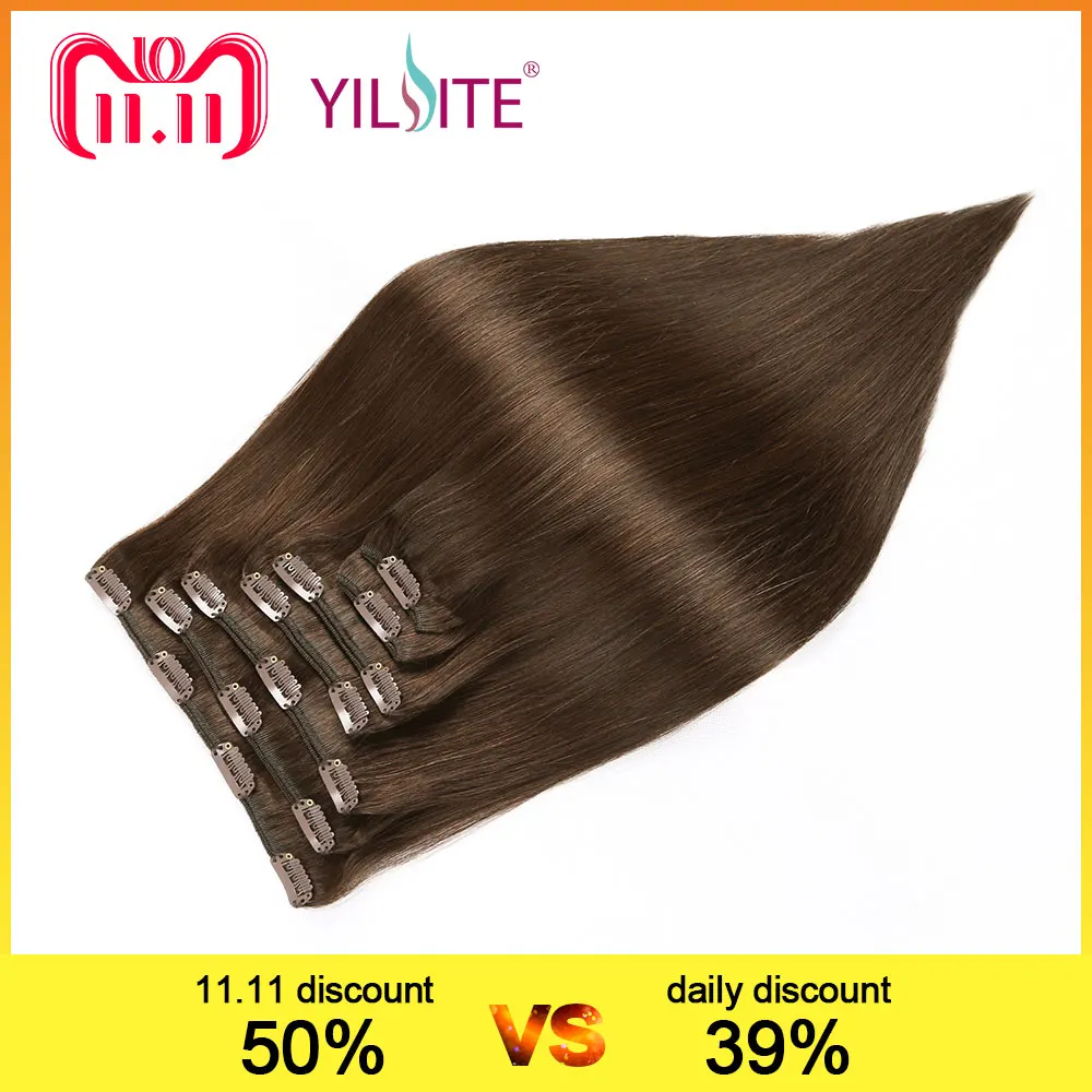 YILITE Double Drawn European Remy Human Hair Silky Straight Full Head Clip in Hair Extensions 7pieces 14inch-16inch Brown Colors
