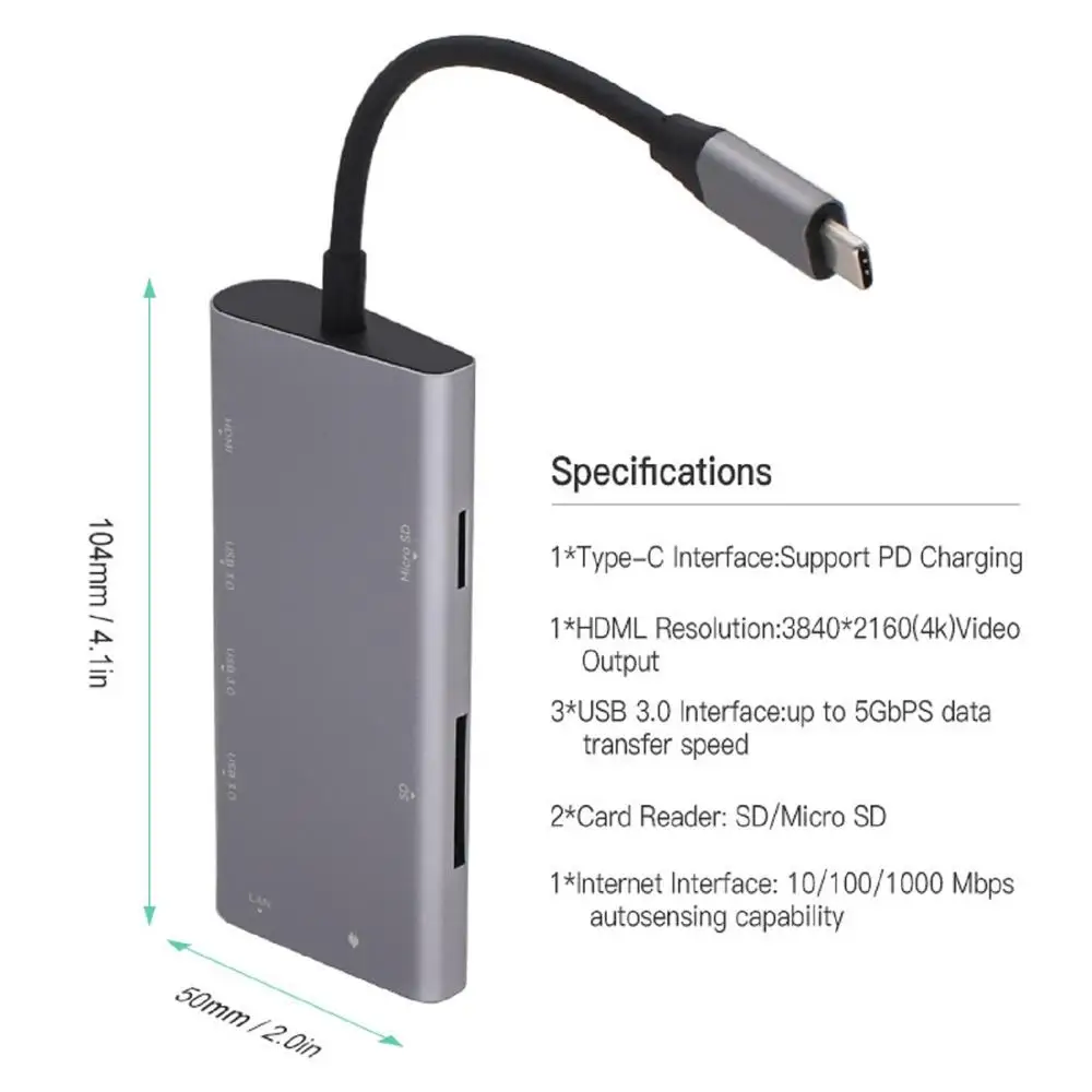 8 в 1 USB C док-станции Тип C расширить до 4 K UHD HDMI, 3 USB 3,0 Порты, SD/TF слот, RJ 45, USB-C зарядки Порты и разъёмы для MacBook