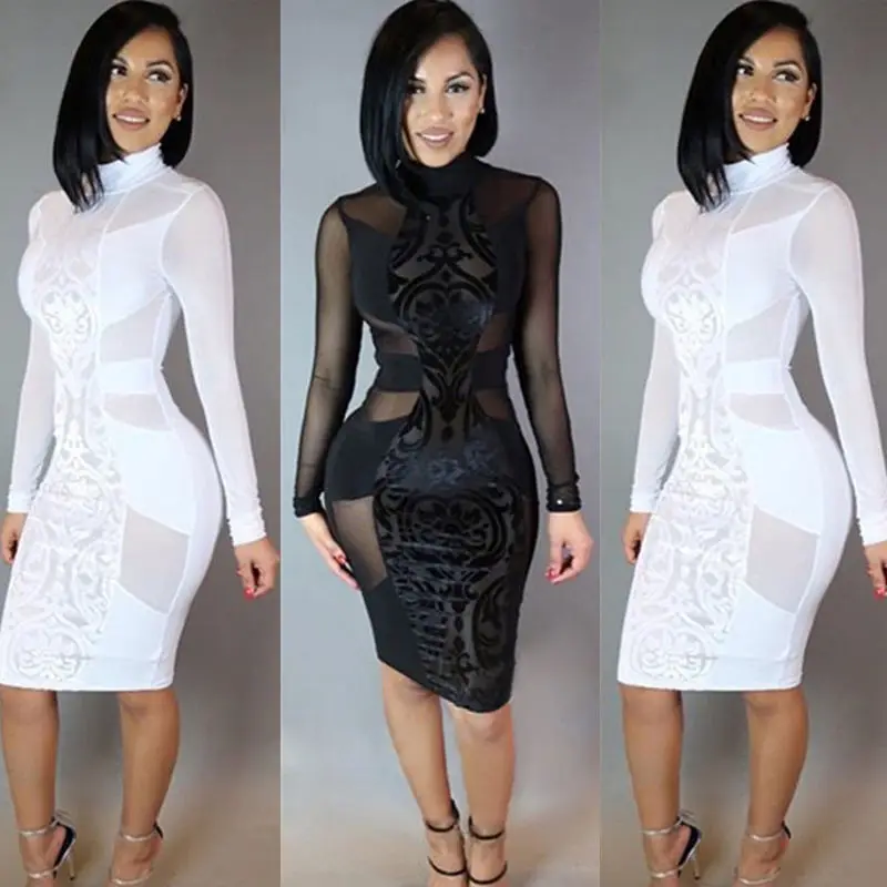 

Fashion Lady Bandage Bodycon Long Sleeve Evening Sexy Party Mini Dress Black White Chiffon Costume