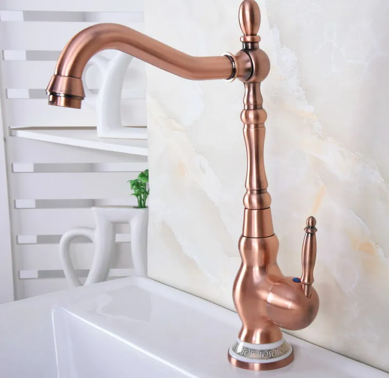 

Antique Red Copper Brass Single Ceramic Base Bathroom Kitchen Basin Sink Faucet Mixer Tap Swivel Spout Deck Mounted mnf641