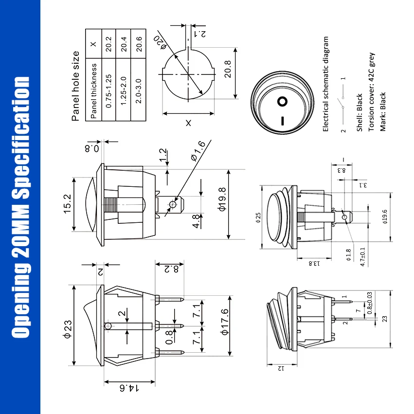 KCD1 кулисный переключатель 2 Pin 3 4 20 мм ВКЛ ВЫКЛ выкл круглый лодочный AC 6A/250 В