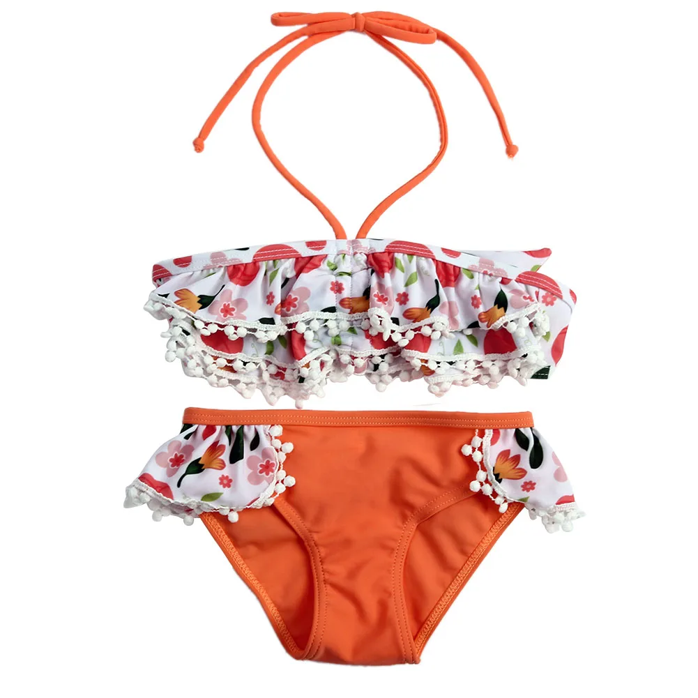 Летний купальный костюм для маленьких девочек; Модный комплект из двух предметов с оранжевым принтом; бюстгальтер и трусы; комплект бикини