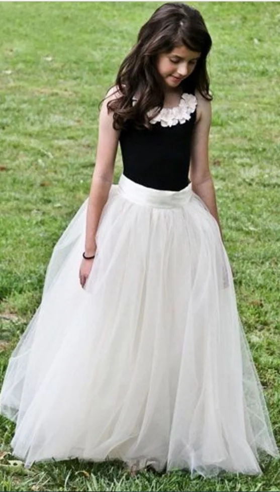 61 New Flower Girl's Dresses Sweep Train Tulle Ruffles Black And White Girls Formal Wear Flower Girl's Dresses Birthday Dress For Girls