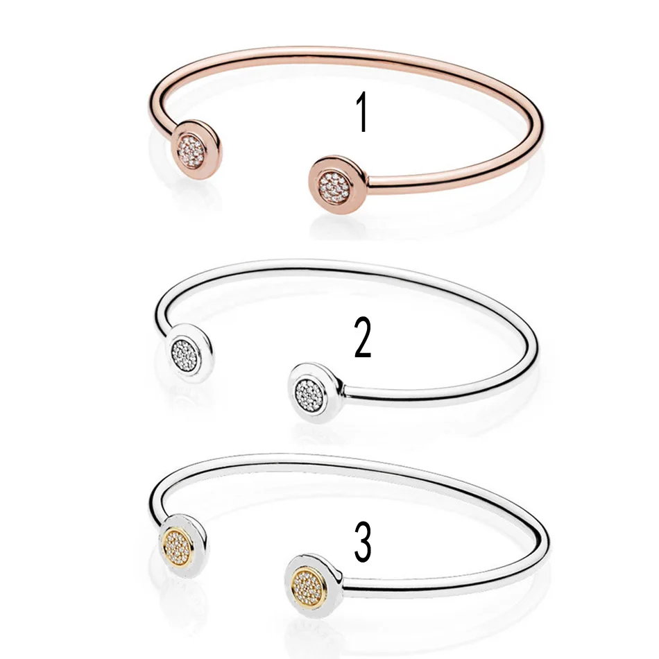 

925 Silver Signature Open Bangle for Women Rose Gold Colour Pave Crystals Clear CZ fit Lady Beads Charms pendants DIY