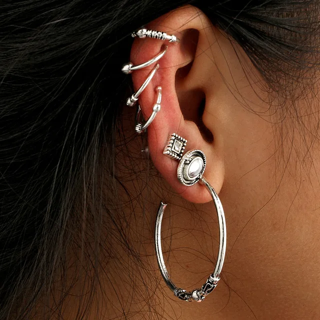 7pcs Vintage Silver Color Tribal Totem Hoop Earring Set Handmade 7pcs Vintage Silver Color Tribal Totem Hoop Earring Set Handmade Punk Ethnic Sun Moon Endless Circle