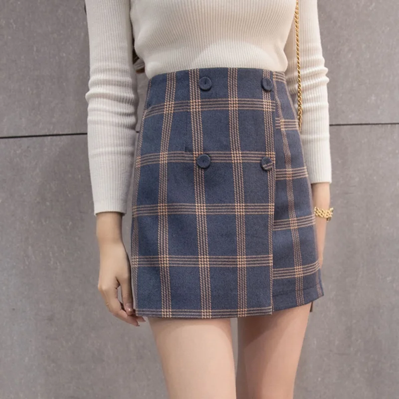 

New Autumn Skirts Womens Fashion Plaid Skirt Femme Double Breaste Faldas Female Casual Brown Blue Women Skirt