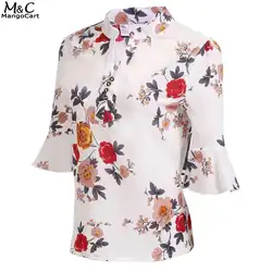 Для женщин блузка женская блузка с v-образным вырезом 3/4 Flare рукавом в полоску с цветочным рисунком и пуговицы Декор Свободные Для женщин
